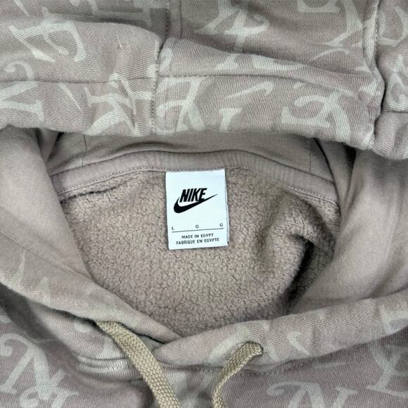 Vintage Y2K Nike Hoodie Mens L Light Brown All Over Print Swoosh Cotton Pullover - Picture 4 of 4